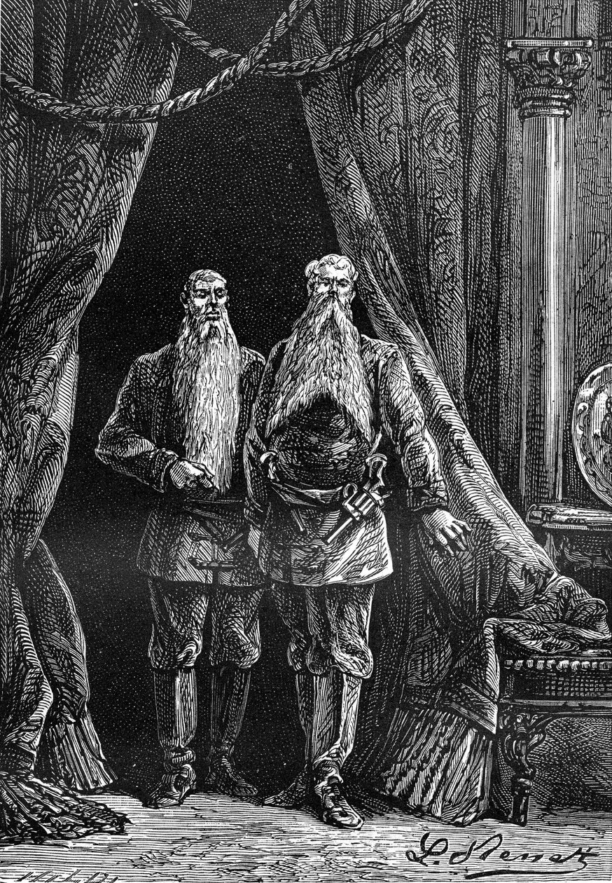 Desenho de Leon Benett, a partir do livro de Júlio Verne "Os 500 milhões do Begum" - edição Hetzel/Viagens Extraordinárias 1879. Aspeto de Arminius e Sigimer, dois impressionantes barbudos. de Léon Benett