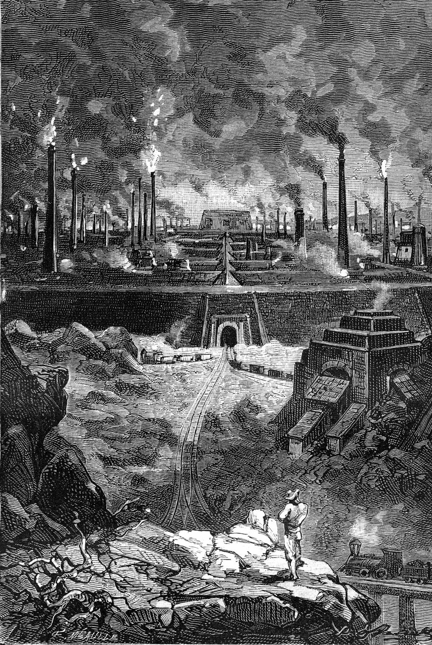 Desenho de Leon Benett, a partir do livro de Júlio Verne "Os 500 milhões do Begum" - edição Hetzel/Viagens Extraordinárias 1879. Vista da "Cidade do Aço", gigantesco conjunto de fábricas (altos-fornos - fundições de aço) de Léon Benett
