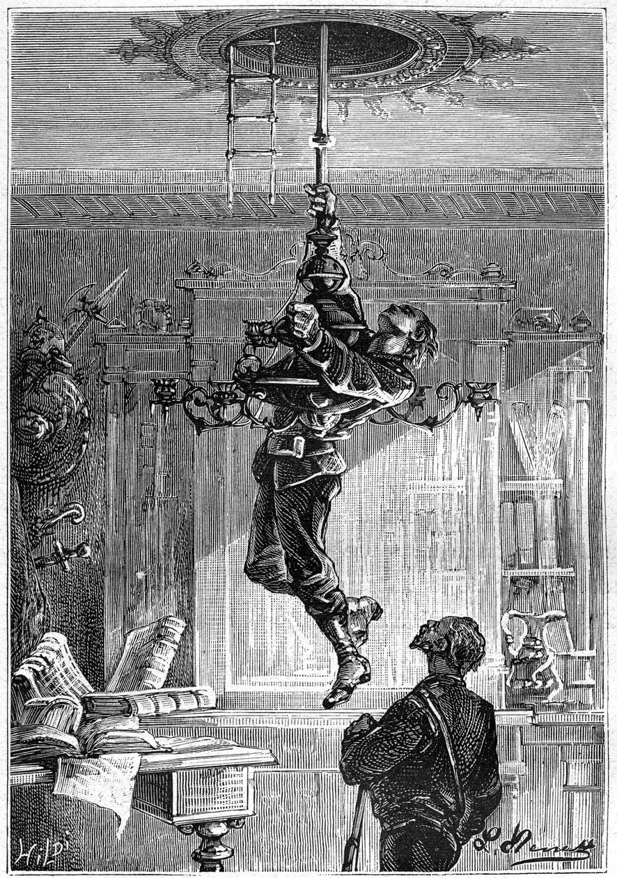 Desenho de Leon Benett, do livro de Júlio Verne "Os 500 milhões do Begum" - edição Hetzel/Viagens Extraordinárias 1879. "... Mal estava suspenso do candelabro dore, e com grande surpresa, viu-o cair sob a sua mão. O teto de Léon Benett