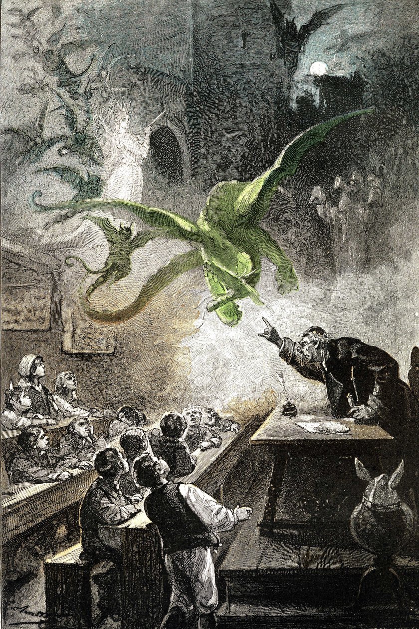 Ilustração do romance de Júlio Verne "Le chateau des Carpathes", edição Hetzel/Voyages extraordinaire 1892, desenho de Leon Benett. O Magister Hermod evoca o castelo com dragões, taxas, demónios, espectros, revenants... de Léon Benett