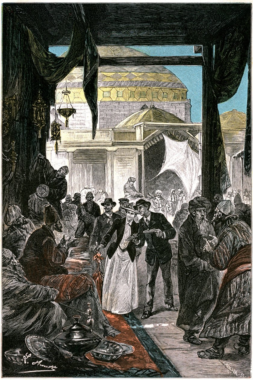 O bazar de Samarkande (atualmente Samarkand ou Samarqand no Uzbequistão), ilustração do romance de Júlio Verne "Claudius Bombarnac" edição Hetzel 1892 - Desenho de Leon Benett (Hippolyte Leon Benet de Léon Benett