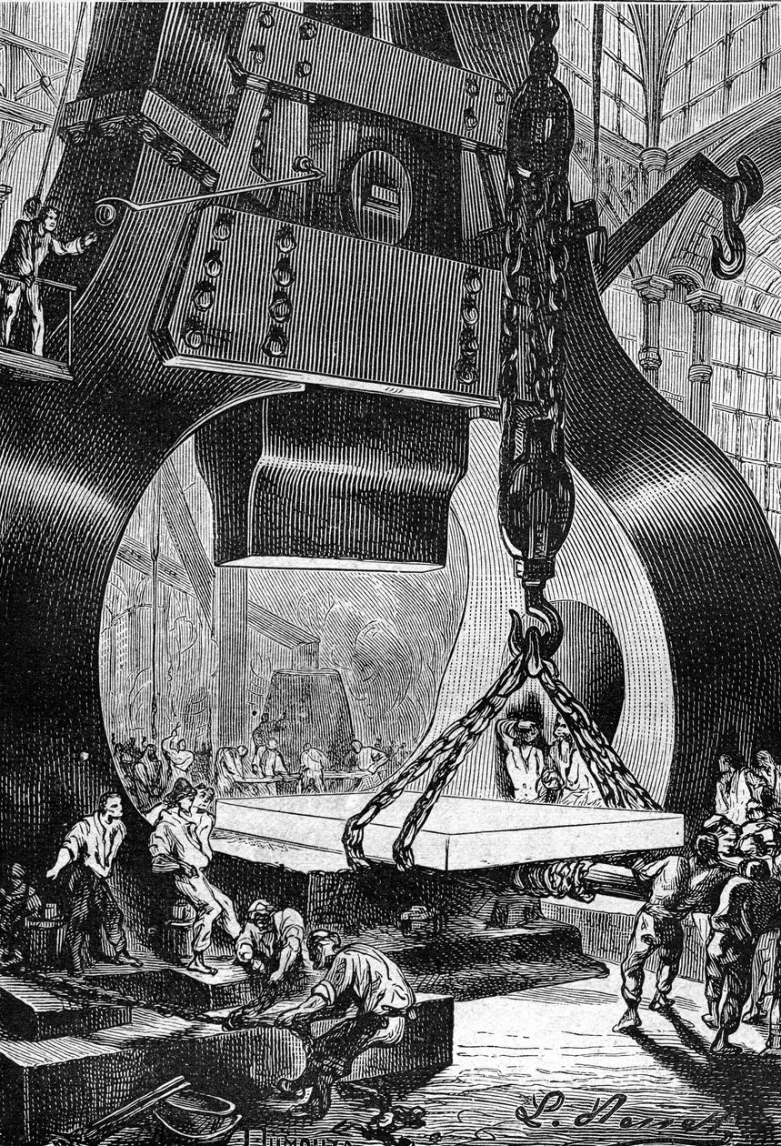 desenho de Leon Benett, a partir do livro de Júlio Verne "Os 500 milhões de Begum" - edição Hetzel/Viagens Extraordinárias 1879. martelo baterista (baterista) a trabalhar numa fundição de aço. de Léon Benett