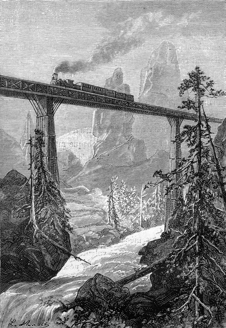 desenho de Leon Benett, a partir do livro de Júlio Verne "Os 500 milhões do Begum" - edição Hetzel/Viagens Extraordinárias 1879. Comboio a vapor a passar sobre uma ponte arrojada, numa paisagem de montanha com torrente. de Léon Benett