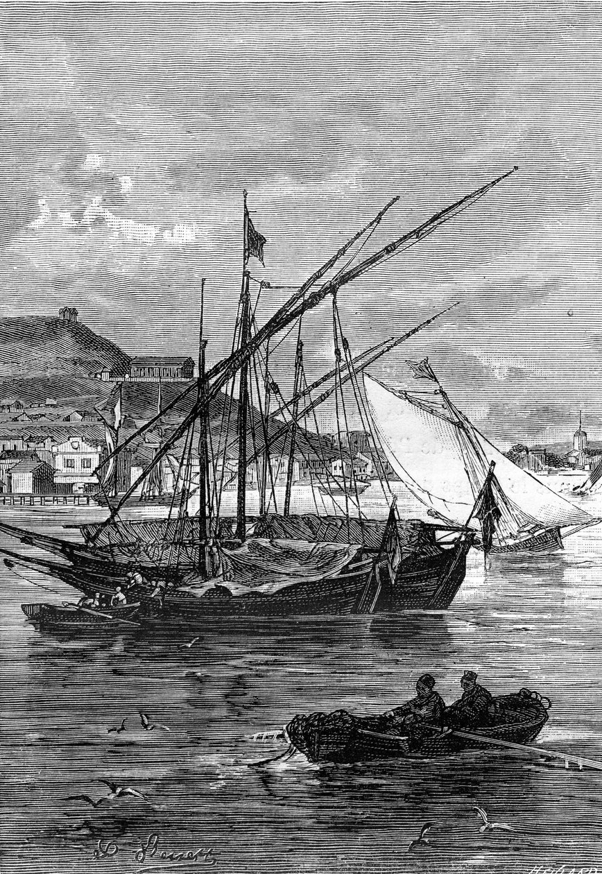 ilustração do romance de Júlio Verne "Keraban o teimoso", coleção Hetzel/viagens extraordinárias 1883. Desenho de Leon Benett: o porto de Kertsch (Crimeia), no estreito de Iénikale, entre o mar Negro e o mar de Azof. de Léon Benett