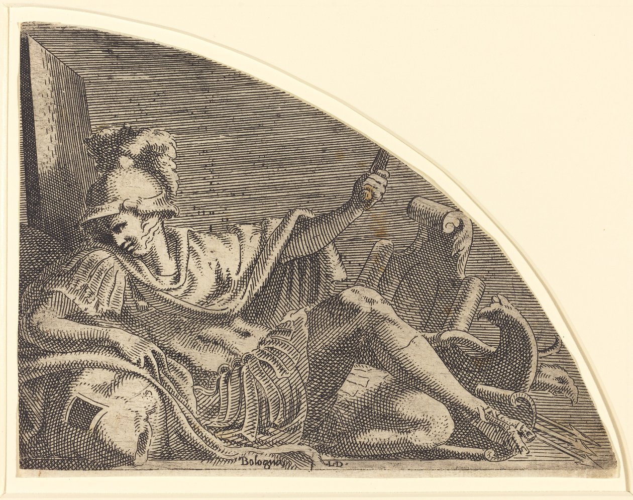 Marte sentado em troféus de Léon Davent after Francesco Primaticcio