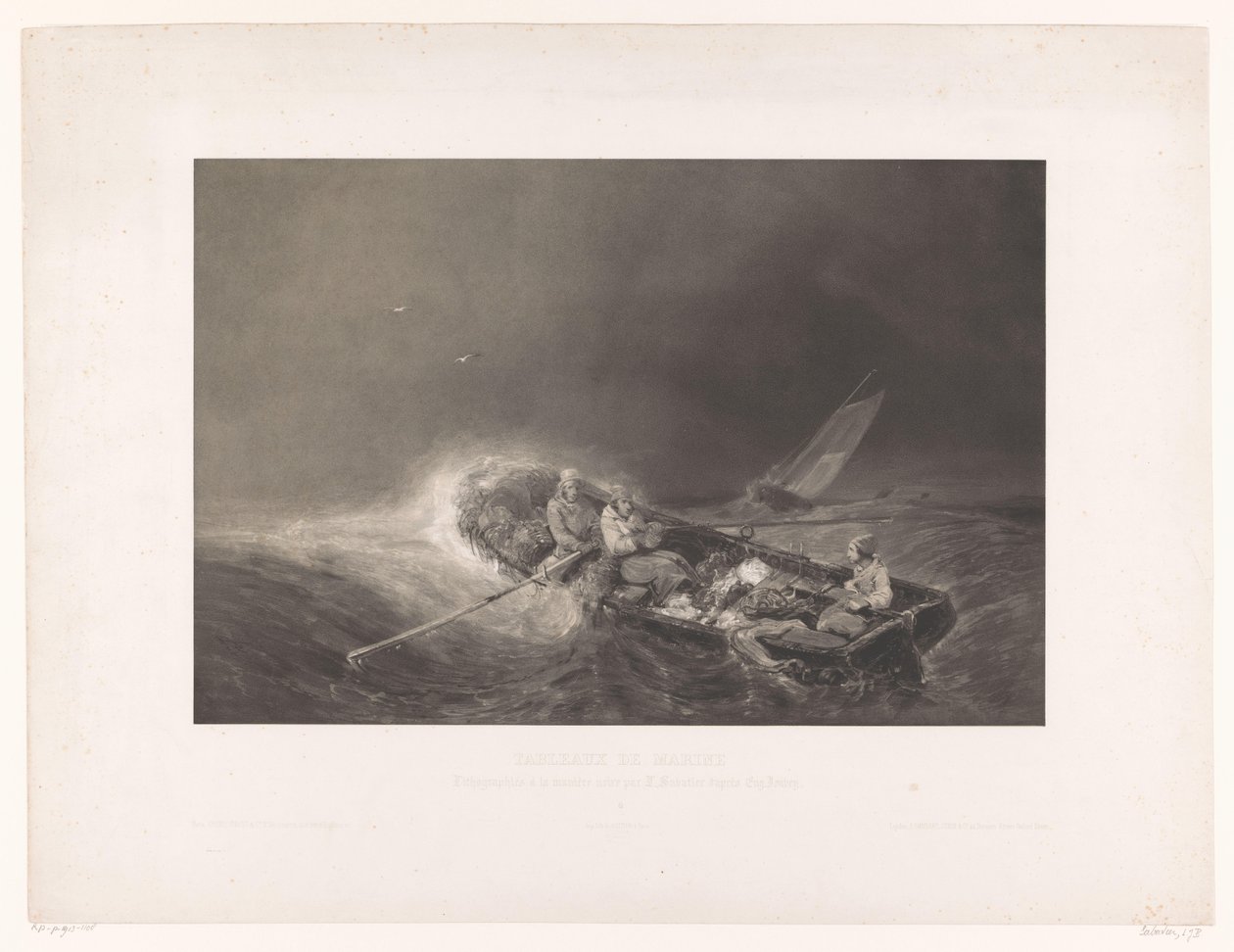 Vissers em een ​​roeiboot op zee Marine gezichten (título da série) Pinturas da Marinha. Litografia em mezzotint por L. Sabatier após Eug. Isabely (título da série no objeto) de Léon Jean Baptiste Sabatier