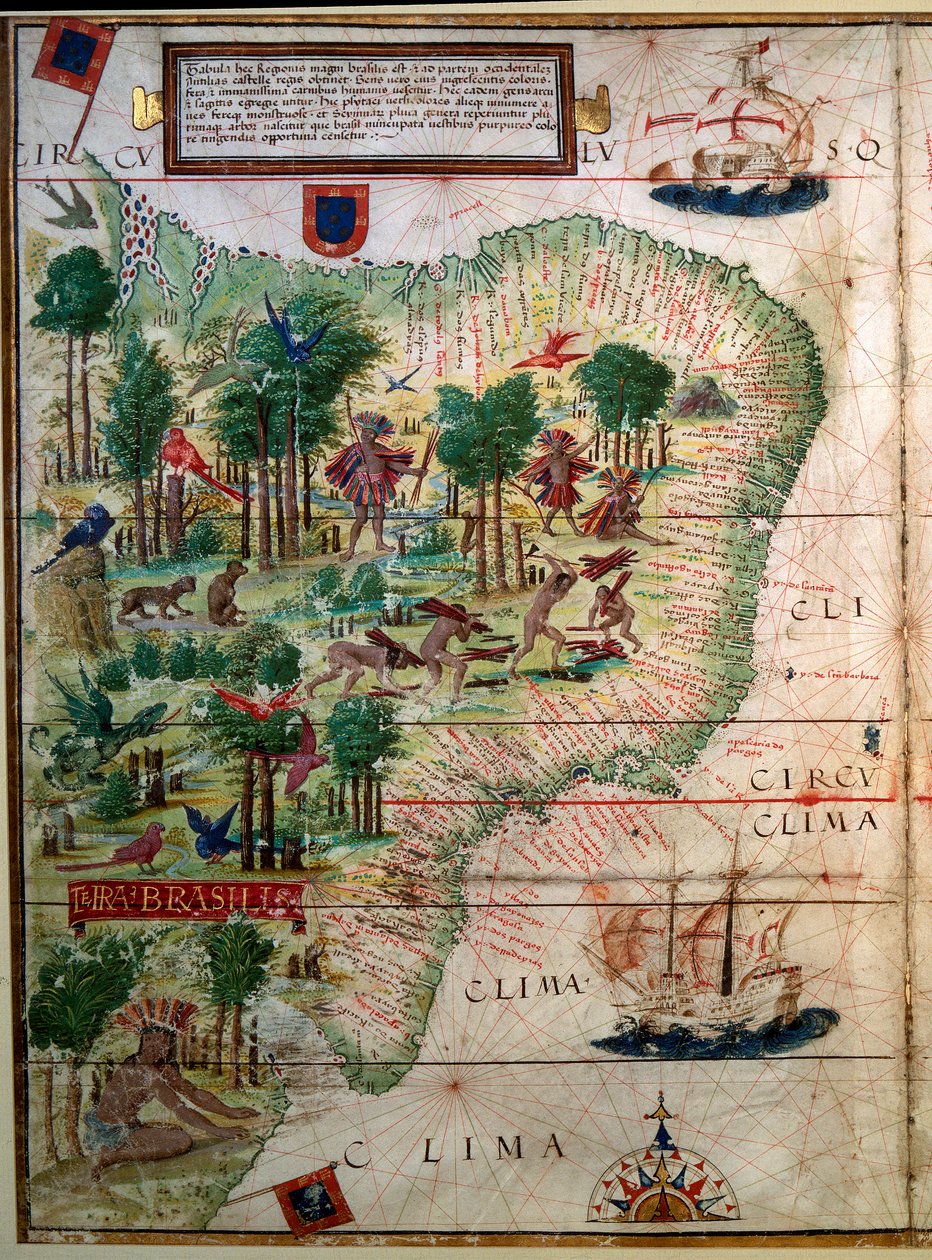 Mapa hidrográfico do Brasil. Manuscrito iluminado "Atlas Náutico Português" pelo cartógrafo Loppo Homem 1519 Paris. B.N. de Lopo Homem