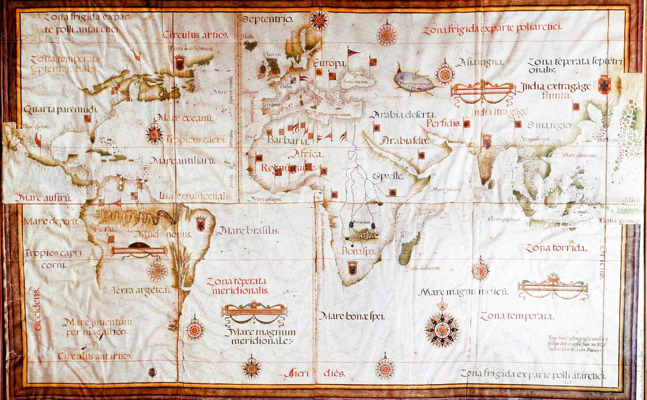 Planisfera mostrando as diferentes zonas climáticas (manuscrito de Lopo Homen