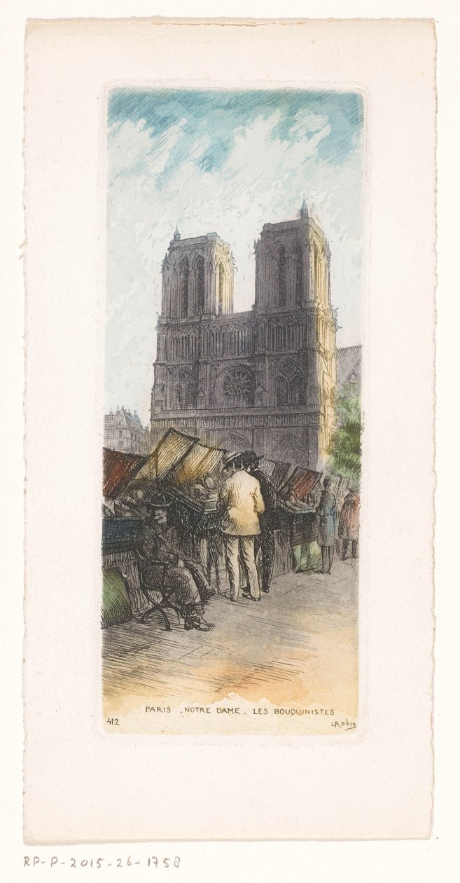 Vista de Notre Dame em Paris com livreiros em primeiro plano
Paris Notre Dame les bouquinistes (título sobre o objecto) de Léopold Robin