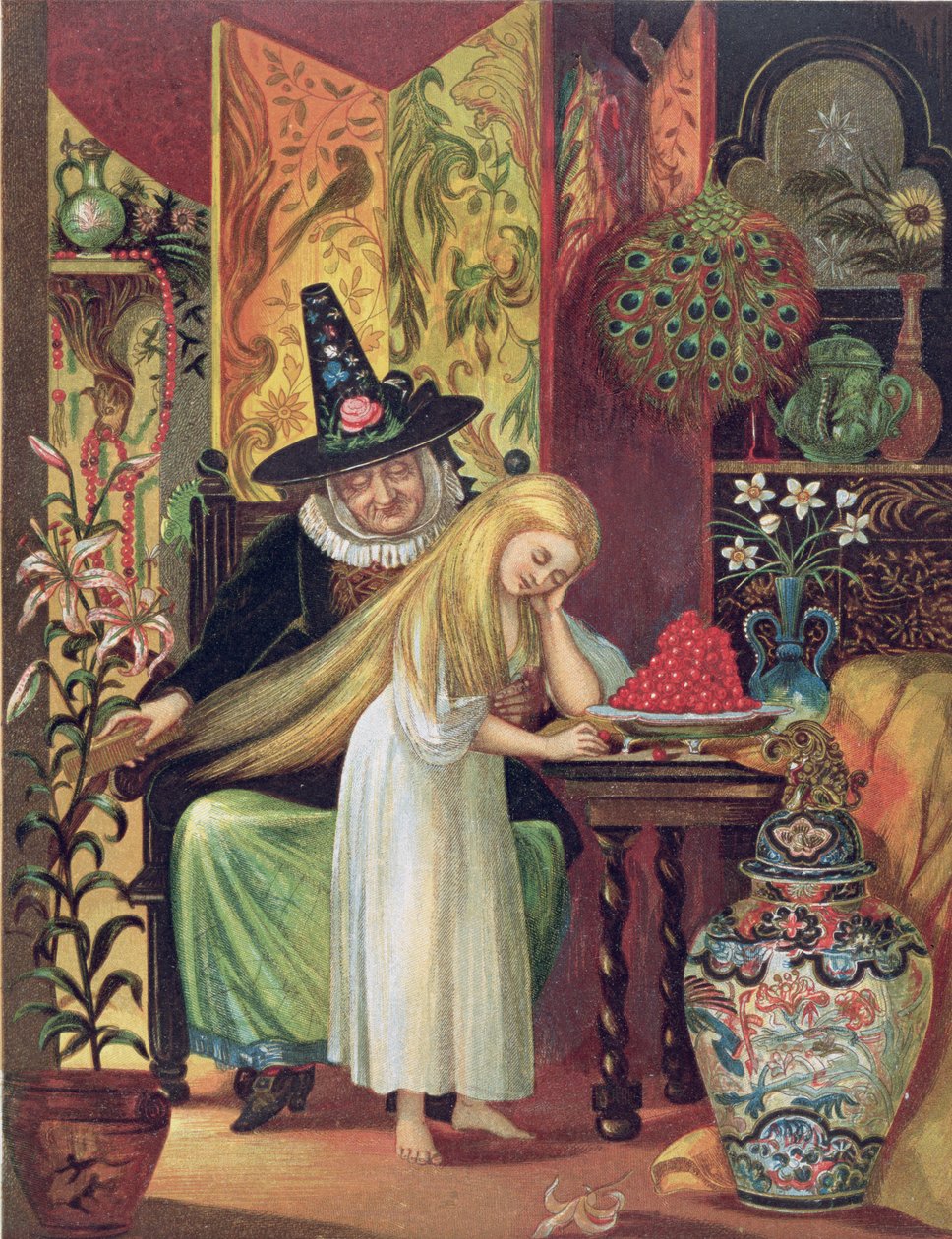A velha bruxa penteando o cabelo de Gerda com um pente dourado para fazer com que ela esqueça sua amiga, em A Rainha da Neve, de Tales de Fadas de Hans Christian Andersen, 1872 de Lorens Frolich