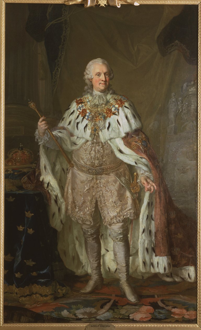 Adolphe Frederic de Suede - Retrato de Adolph Frederick (1710-1771), Rei da Suécia, por Pasch, Lorenz, o Jovem (1733-1805). Óleo sobre tela. Dimensão : 237x143 cm. Nationalmuseum Stockholm de Lorens the Younger Pasch