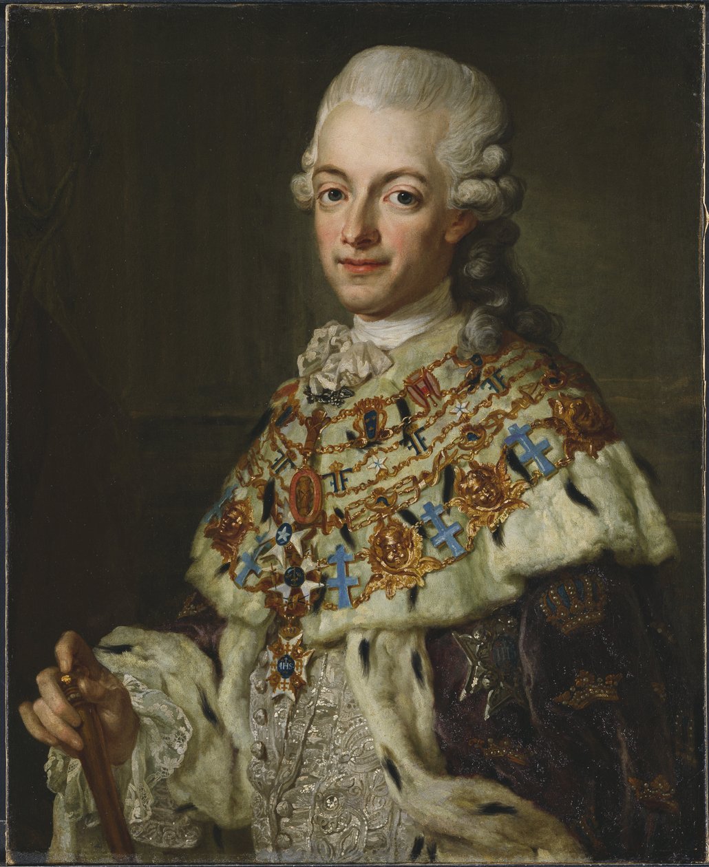 Gustave III de Suede - Retrato do Rei Gustav III da Suécia (1746-1792), de Pasch, Lorenz, o Jovem (1733-1805). Óleo sobre tela, cerca de 1773. Tamanho: 77x62 cm. Museu Nacional de Estocolmo de Lorens the Younger Pasch