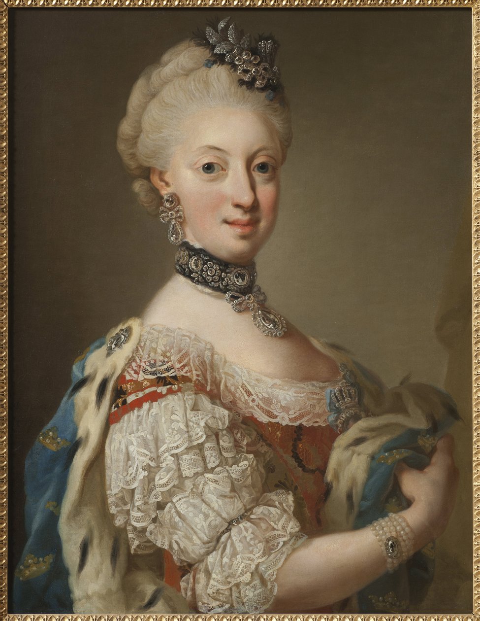 Sophie Madeleine de Danemark, reine de Suede - Retrato de Sophia Magdalena da Dinamarca (1746-1813), Rainha da Suécia, por Pasch, Lorenz, o Jovem (1733-1805). Óleo sobre tela de Lorens the Younger Pasch