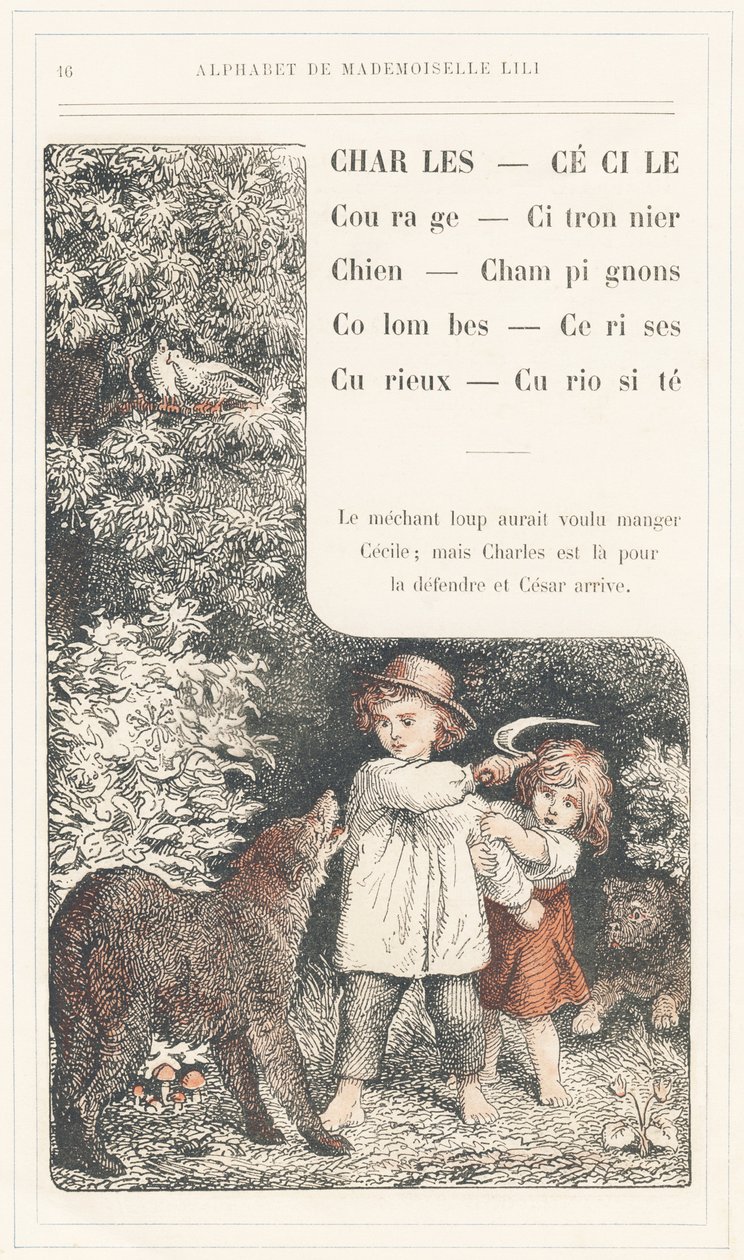Charles, Cecile, Coragem, Limoeiro, Cão, Cogumelos, Pombas, Cerejas, Curioso, Curiosite, página 16 - Alfabeto de Mademoiselle Lili, de L. Froelich e de um pai (o próprio Hetzel). Bibliotheque  Magasin d