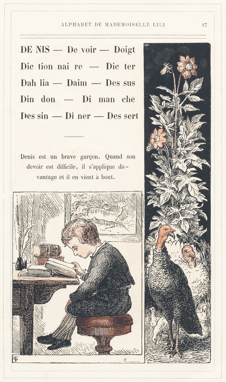 Denis, Dever, Dedo, Dicionário, Dicter, Dália, Camurça, Pião, Peru, Domingo, Desenho, Jantar, Sobremesa, página 17 - Alfabeto de Mademoiselle Lili, de L. Froelich e de um pai (o próprio Hetzel). Bibliotheque  Magasin d