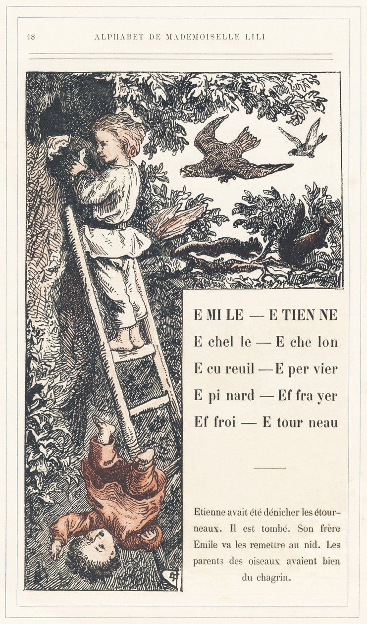 Emile, Etienne, Echelle, Echelon, Squirrel, Sparrow, Epinard, Scarer, Farry, Stourneau, página 18 - Alfabeto de Mademoiselle Lili, de L. Froelich e de um pai (o próprio Hetzel). Bibliotheque  Magasin d