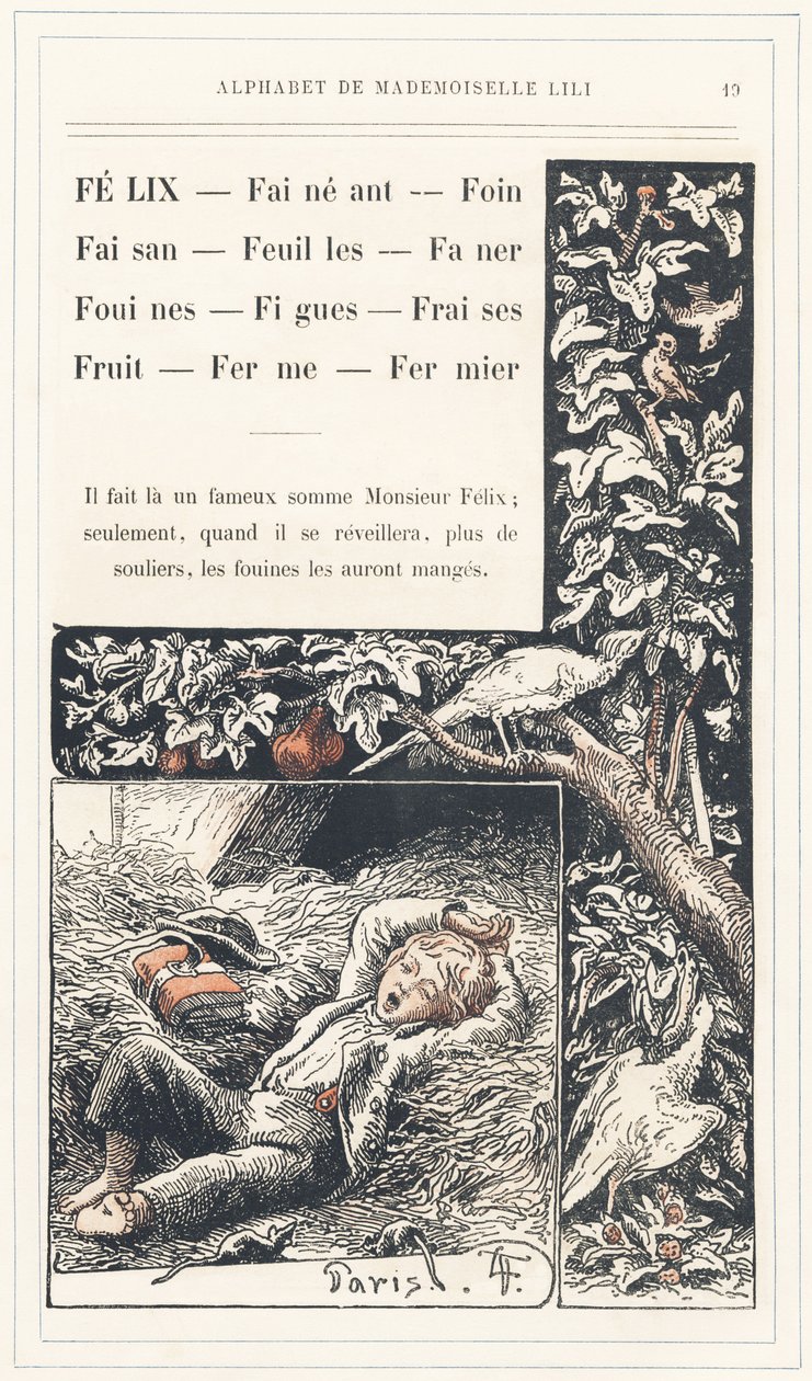 Felix, Lay, Hay, Pheasant, Leaves, Faner, Weasels, Figs, Strawberries, Fruit, Farm, Farmer, página 19 - Alfabeto de Mademoiselle Lili, de L. Froelich e de um pai (o próprio Hetzel). Bibliotheque  Magasin d