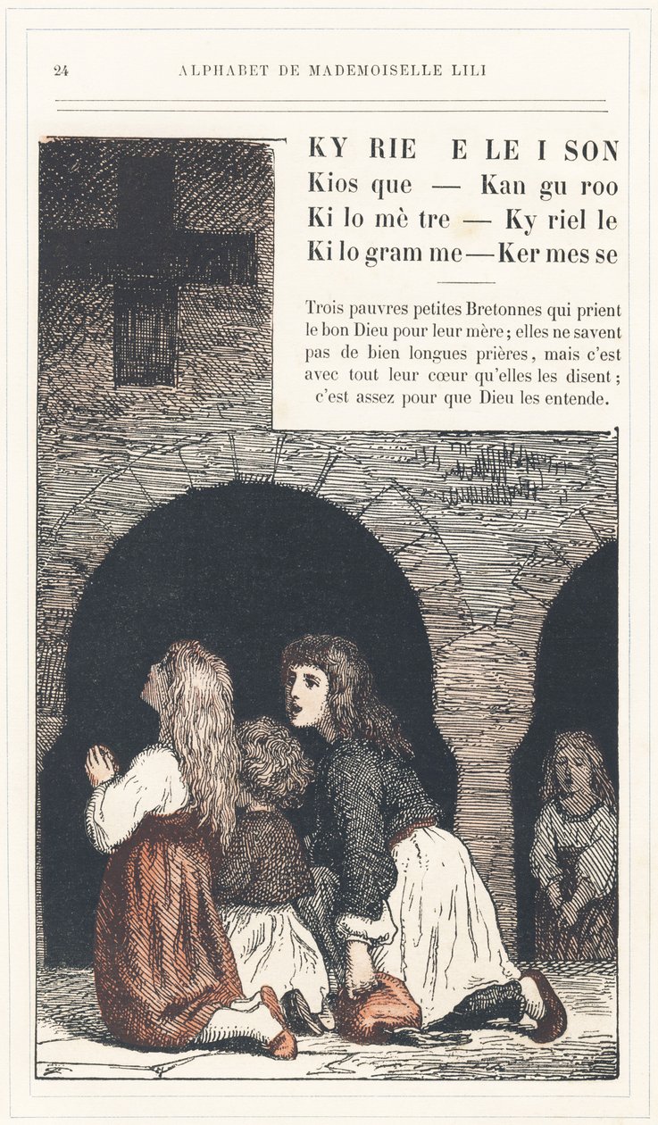 Kyrie Eleison, Kiosk, Kanguroo, Kilometre, Kyrielle, Kilogram, Kermesse, página 24 - Alfabeto de Mademoiselle Lili, de L. Froelich e de um pai (o próprio Hetzel). Bibliotheque  Magasin d