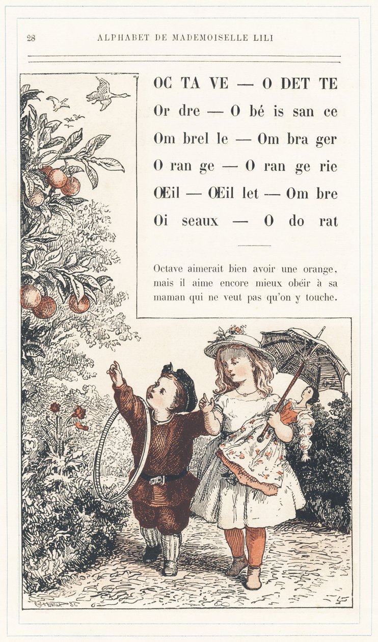 Octave, Odette, Ordem, Obediência, Guarda-chuva, Sombra, Laranja, Orangerie, Olho, Cravo, Sombra, Pássaros, Cheiro, página 28 - Alfabeto de Mademoiselle Lili, por L. Froelich e por um pai (o próprio Hetzel). Biblioteca e Loja de Educação e Recreação J. Het de Lorentz Froelich