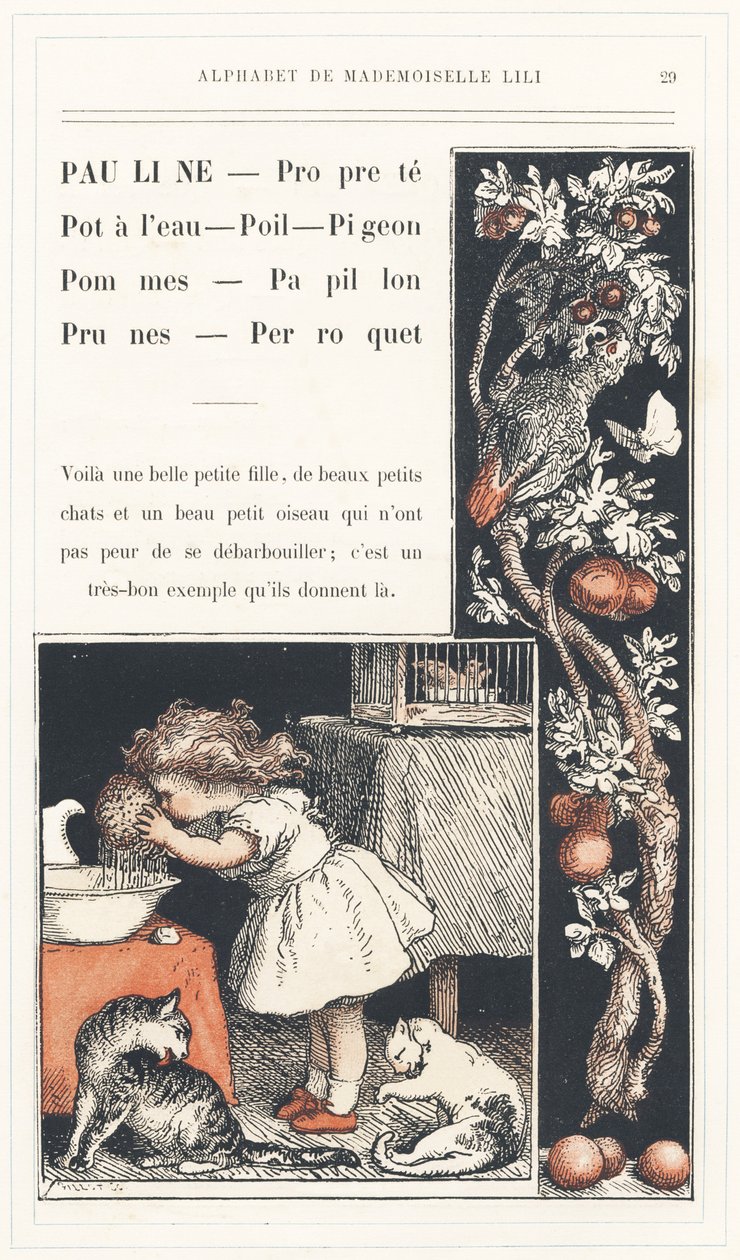 Pauline, Limpo, Pote de água, Cabelo, Pombo, Maçãs, Borboleta, Ameixas, Papagaio, página 29 - Alfabeto de Mademoiselle Lili, de L. Froelich e de um pai (o próprio Hetzel). Bibliotheque  Magasin d