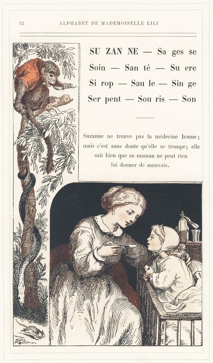 Suzanne, Sabedoria, Cuidado, Saúde, Açúcar, Xarope, Salgueiro, Macaco, Cobra, Rato, Som, página 32 - Alfabeto de Mademoiselle Lili, de L. Froelich e de um pai (o próprio Hetzel). Bibliotheque  Magasin d