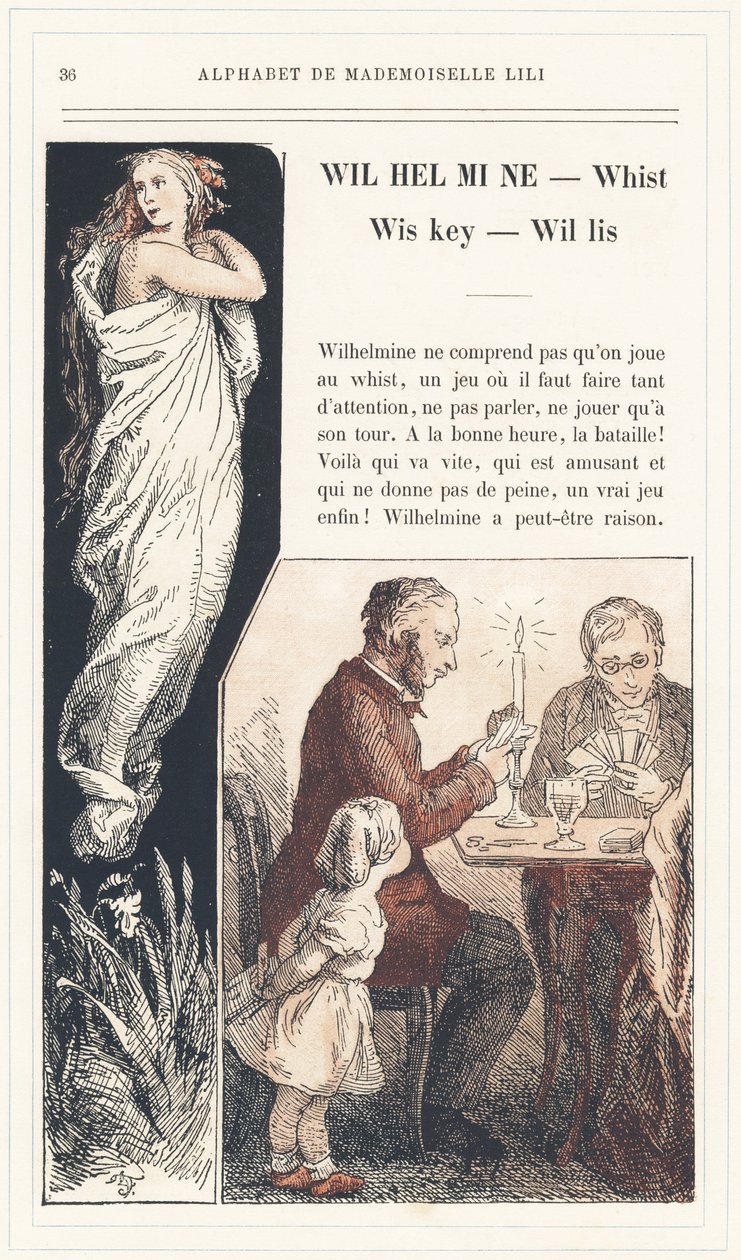 Wilhelmine, Whist, Wiskey, Willis, página 36 - Alphabet of Mademoiselle Lili, por L. Froelich e por um pai (o próprio Hetzel). Bibliotheque  Magasin d