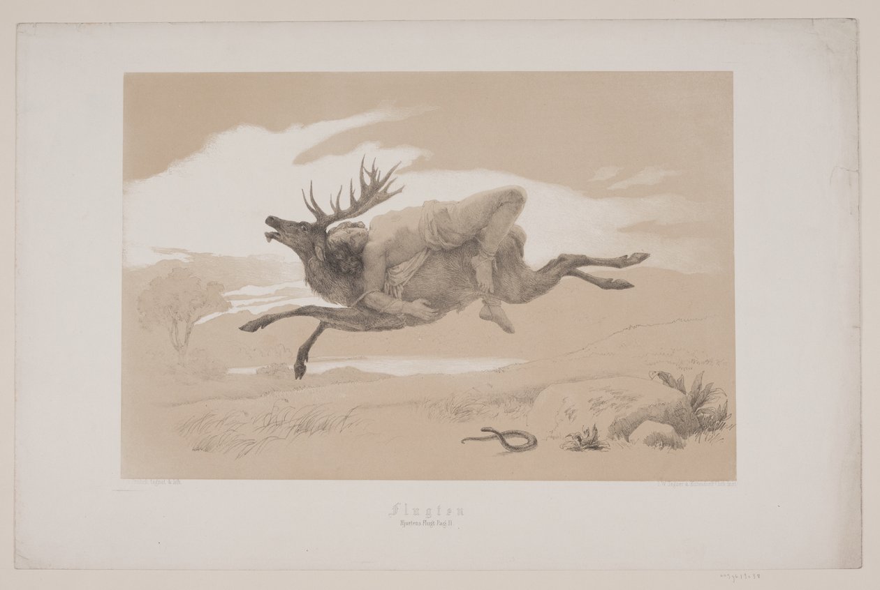 O voo, pág. 11, ilustração para "Flight of the Deer" de Christian Winther de Lorenz Frølich