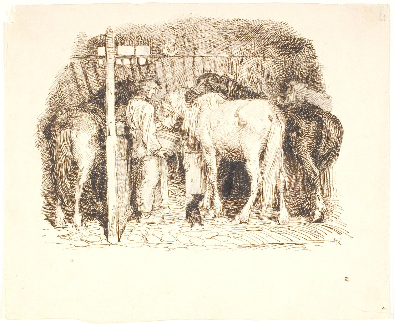 Cavalos em um estábulo recebem água de um homem de Lorenz Frølich