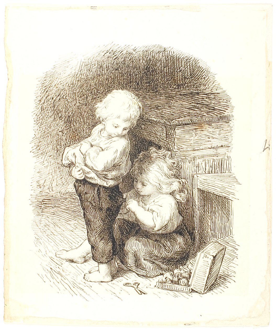 Menina remendando as calças de um menino de Lorenz Frølich