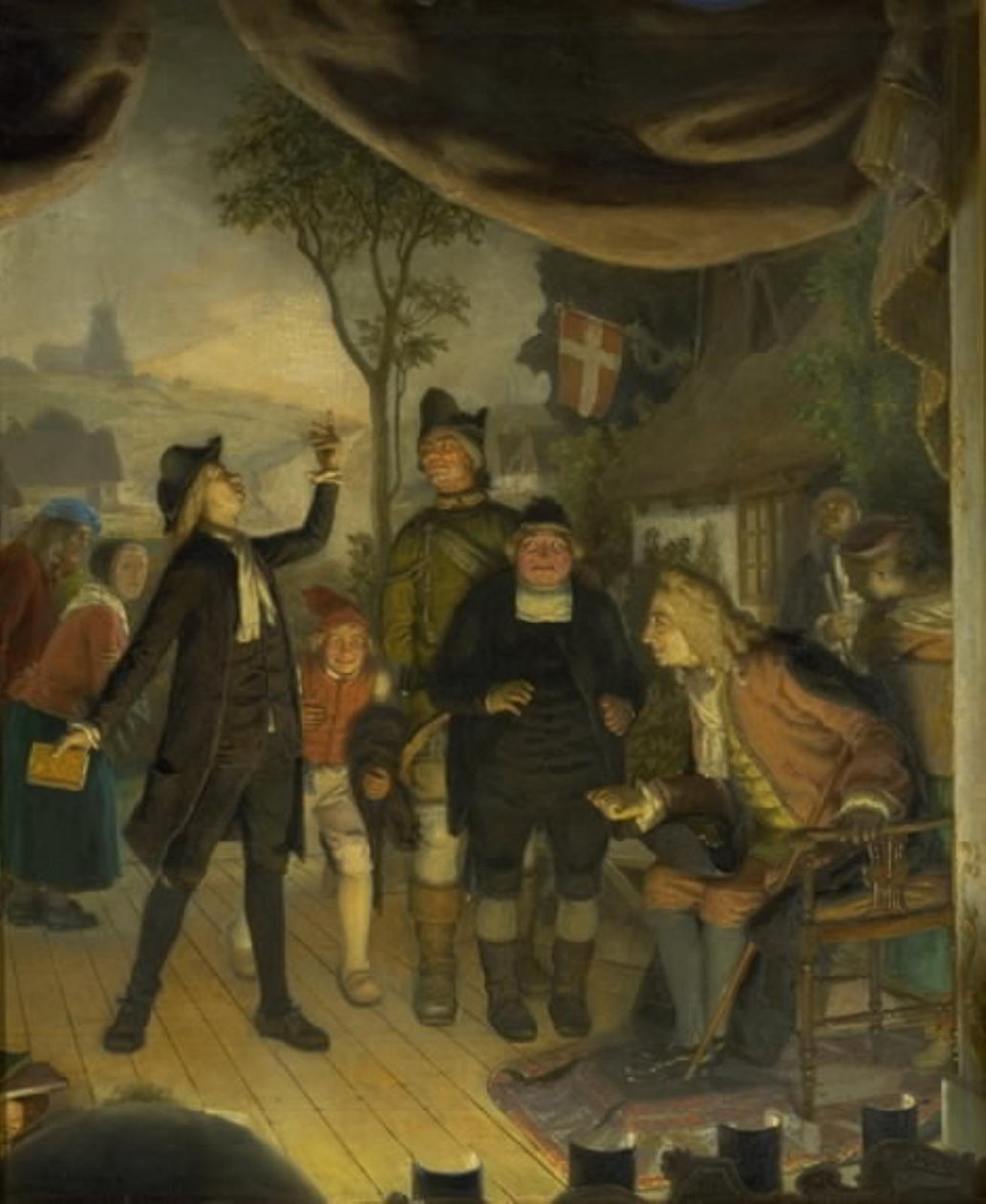 Ludvig Holberg assistindo a um ensaio de sua peça Erasmus Montanus, Ato IV, Cena 2 de Lorenz Frølich
