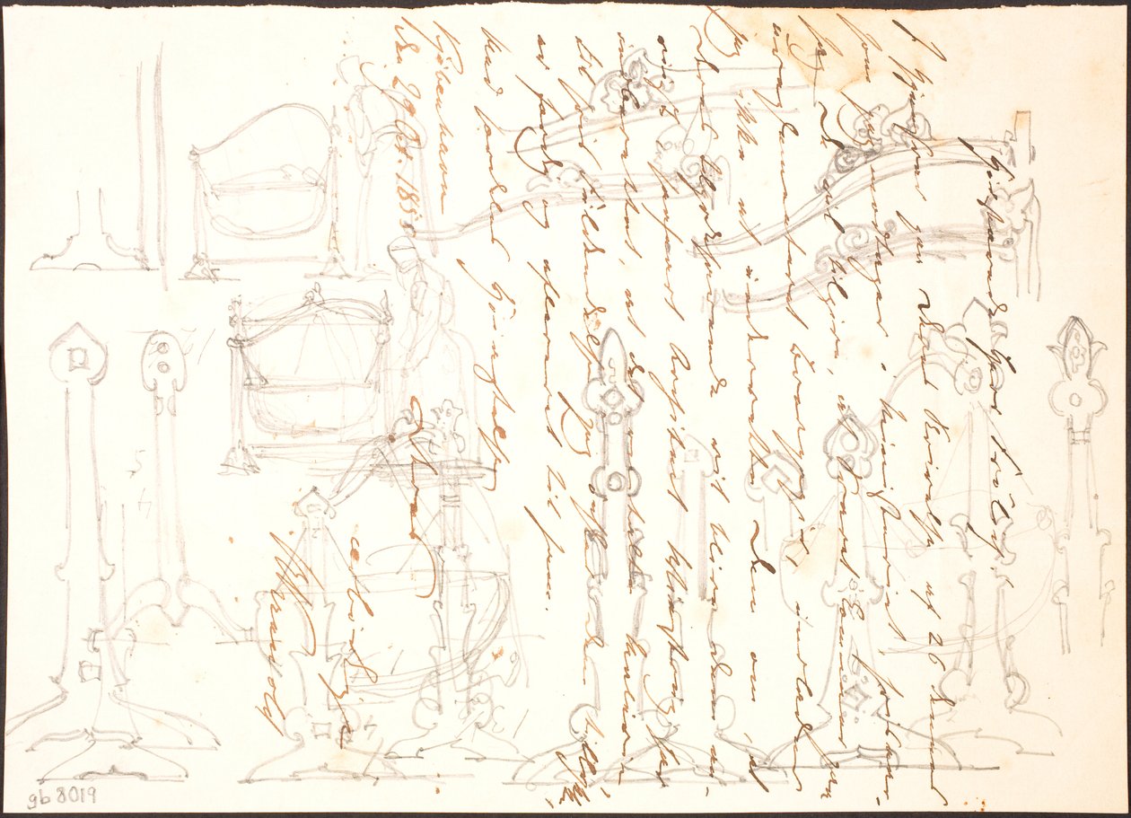 Esboços de móveis desenhados sobre uma carta de Lorenz Frølich