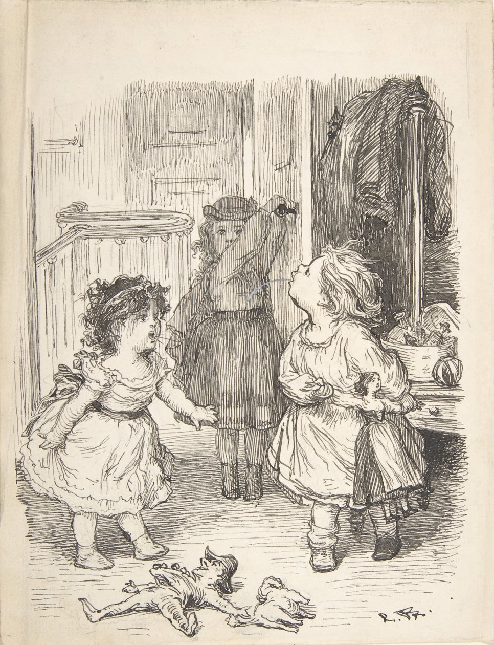 Three Little Girls in a Room Arguing and Spitting, 1835-1903. de Lorenz Frølich