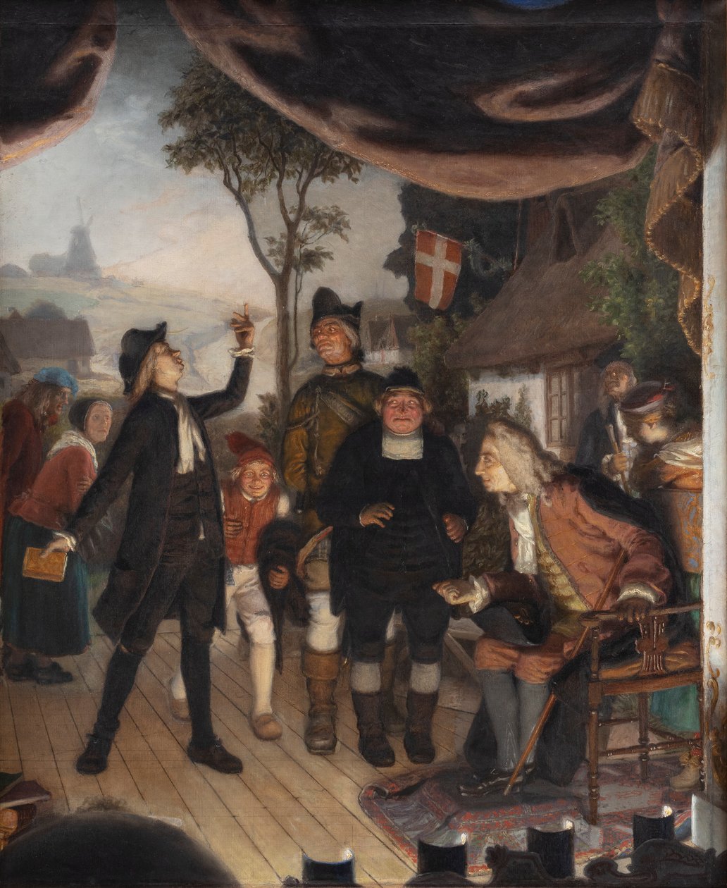 Ludvig Holberg assistindo a um ensaio de sua peça Erasmus Montanus, Ato IV, Cena 2 de Lorenz Frølich