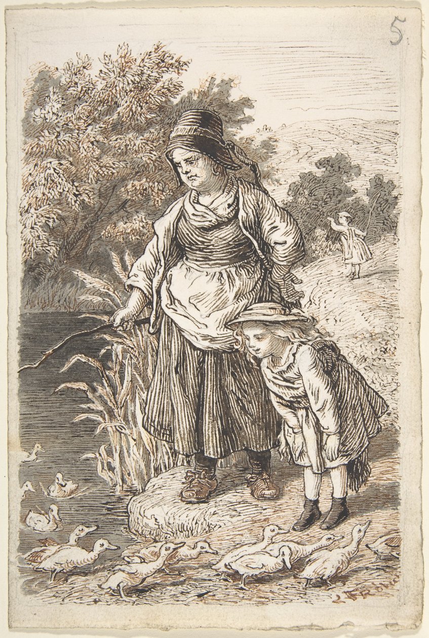 Mulher e criança junto a um lago de patos de Lorenz Frølich