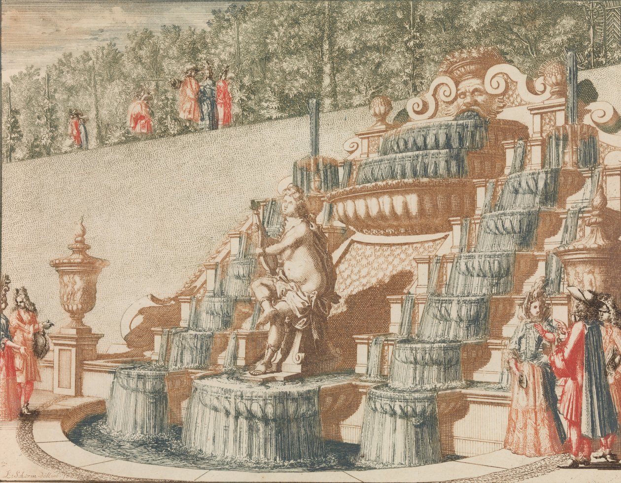 A Cascata da Galatéia, no Lado Oeste do Grande Jardim", em: Tooneel Der Voornaam..., n.d.. de Lorenz Scherm