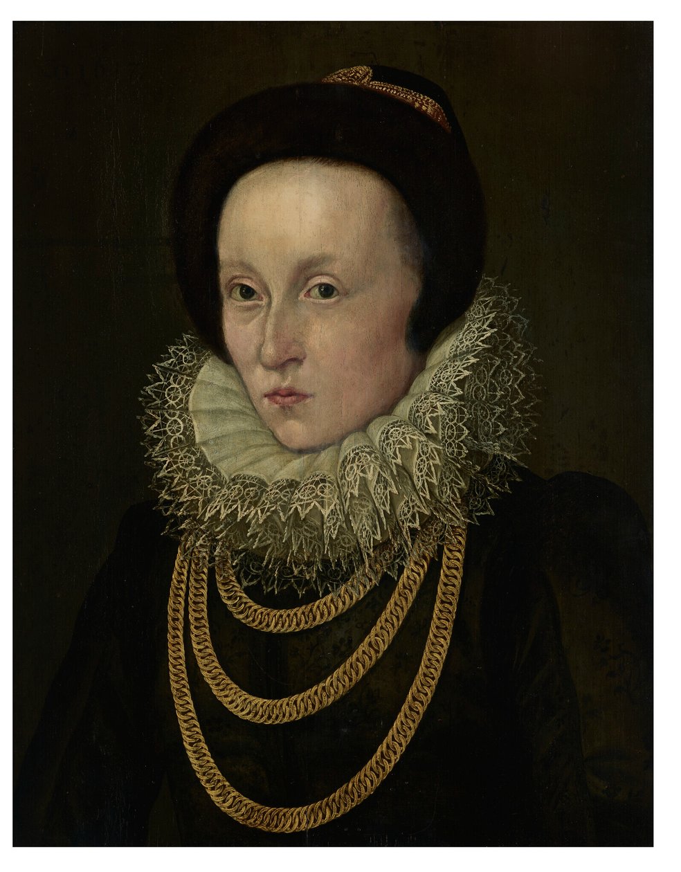 Retrato de uma mulher, à altura do busto, com um folho de renda e correntes de ouro de Lorenz Strauch