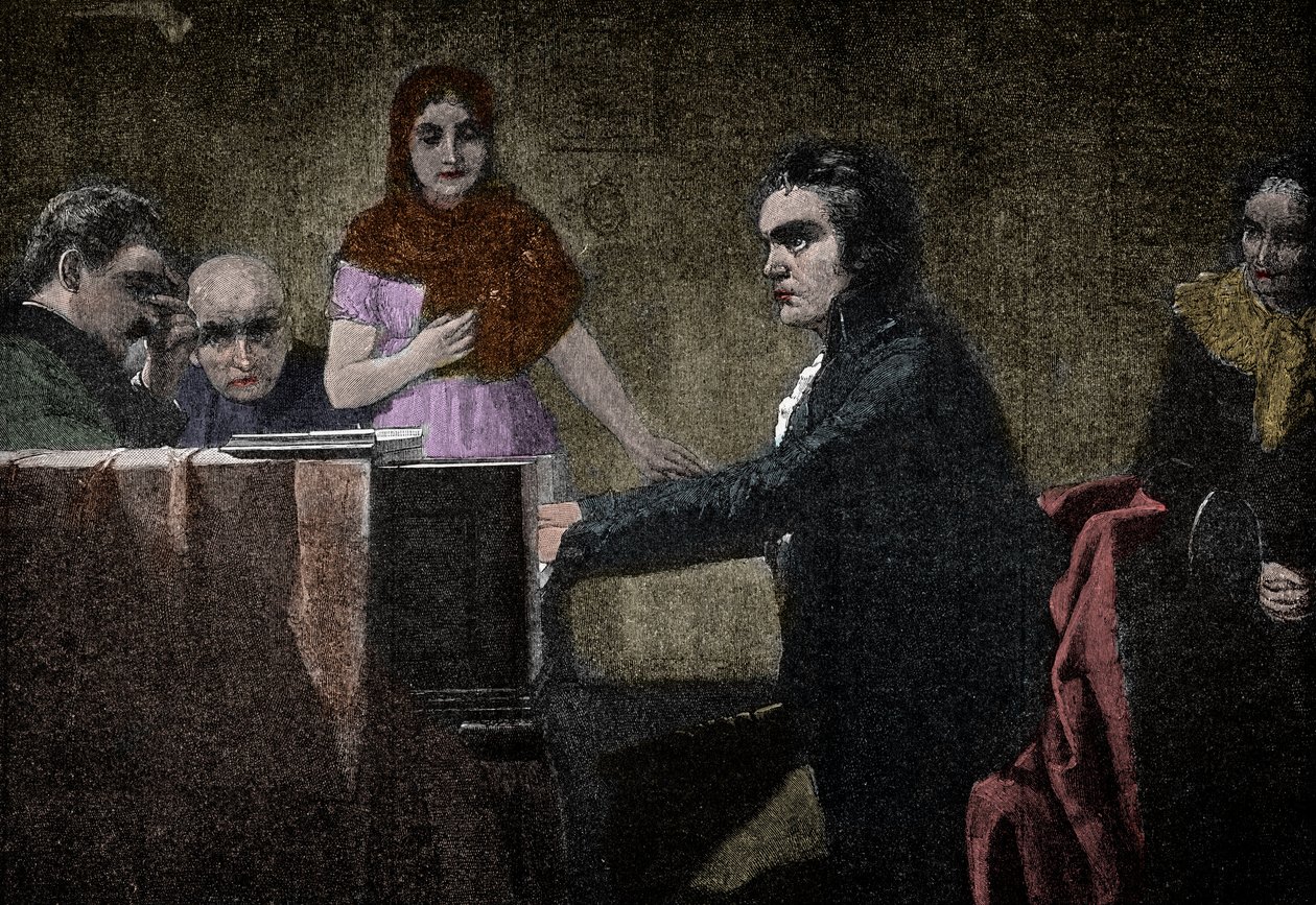 Ludwig van Beethoven toca a sonata Moonlight - gravura após Lorenz Vogel - Ludwig van Beethoven (1770-1827), músico alemão, tocando a sonata em UT menor (Moonlight - Moonlight) após a pintura de Lorenz Vogel (1846-1902) de Lorenz Vogel