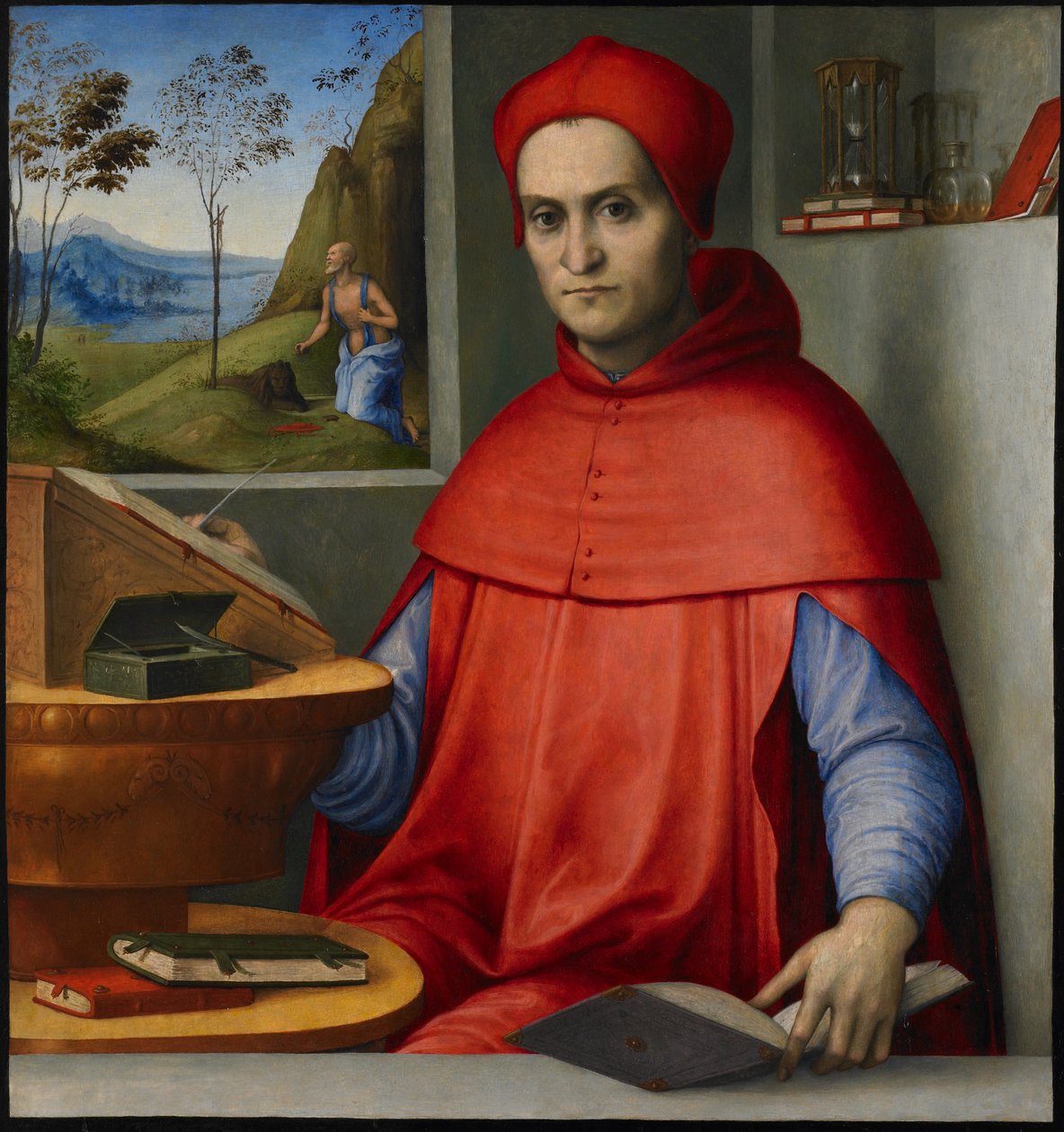 Retrato de um cardeal em seu estudo, c.1510-20 (óleo e têmpera no painel de álamo) de Lorenzo Costa