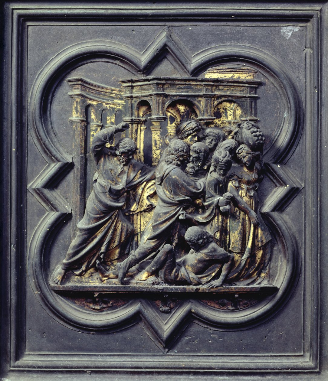Cristo Perseguindo os Mercadores do Templo, sétimo painel das Portas do Norte do Batistério de San Giovanni, 1403-24 (bronze) de Lorenzo Ghiberti