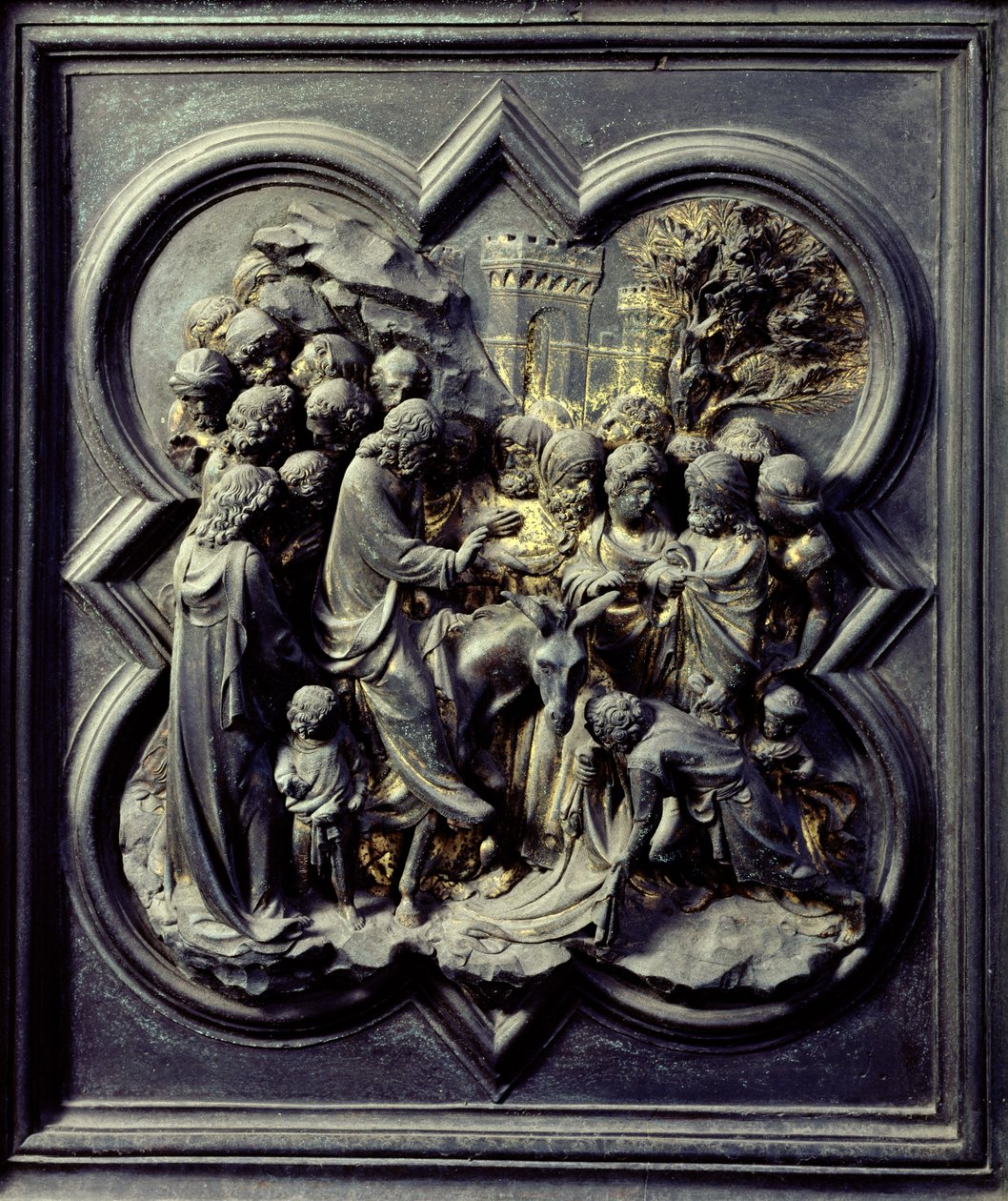 Entrada de Jesus em Jerusalém, décimo primeiro painel das Portas do Norte do Batistério de San Giovanni, 1403-24 (bronze) de Lorenzo Ghiberti