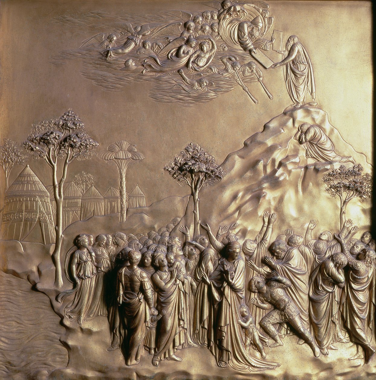 Moisés recebendo as Tábuas da Lei, um dos dez painéis de relevo das Portas do Paraíso (portas do oriente), 1425-52 (bronze dourado) (ver também 87652-57 e 87659-67). de Lorenzo Ghiberti