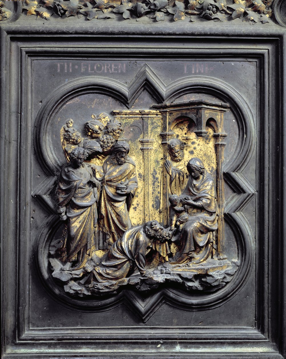 A Adoração dos Magos, terceiro painel das Portas do Norte do Batistério de San Giovanni, 1403-24 (bronze) de Lorenzo Ghiberti