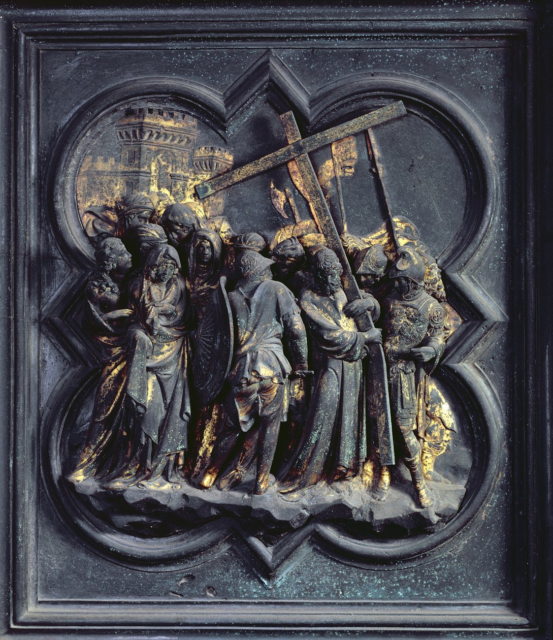 A Ascensão de Cristo ao Calvário, décimo sétimo painel das Portas do Norte do Batistério de San Giovanni, 1403-24 (bronze) de Lorenzo Ghiberti