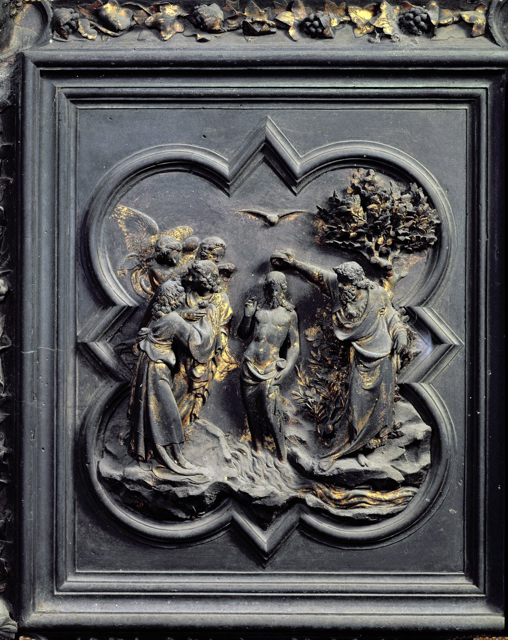 O batismo de Cristo, quinto painel das Portas do Norte do Batistério de San Giovanni, 1403-24 (bronze) de Lorenzo Ghiberti
