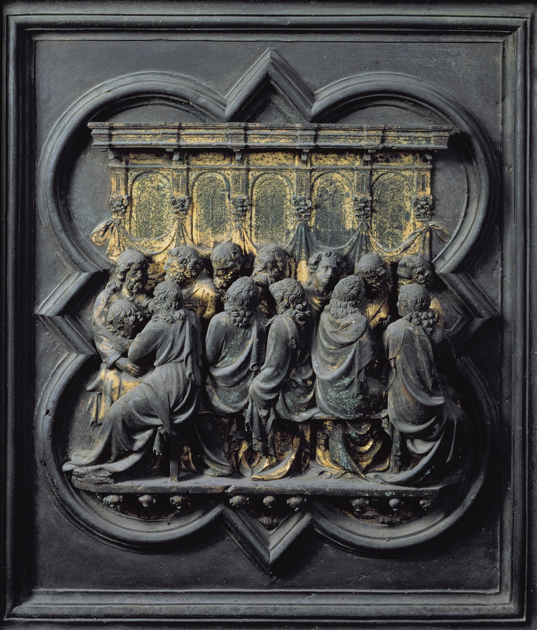 A Última Ceia, décimo segundo painel das Portas do Norte do Batistério de San Giovanni, 1203-24 (bronze) de Lorenzo Ghiberti