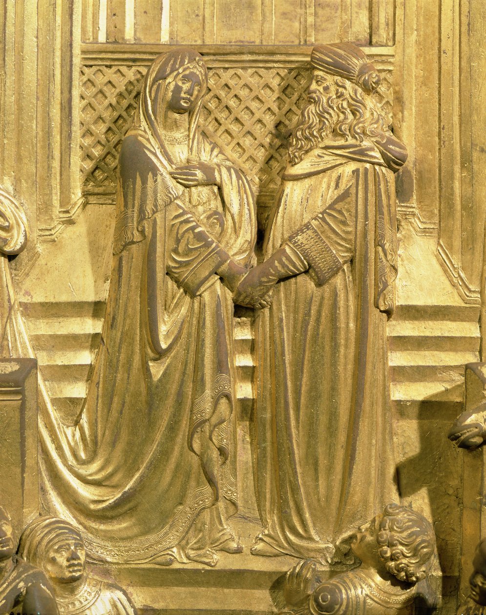 O Encontro do Rei Salomão e da Rainha de Sabá, detalhe do painel original das Portas do Leste do Batistério, 1425-52 (bronze dourado) (pós-restauração) de Lorenzo Ghiberti