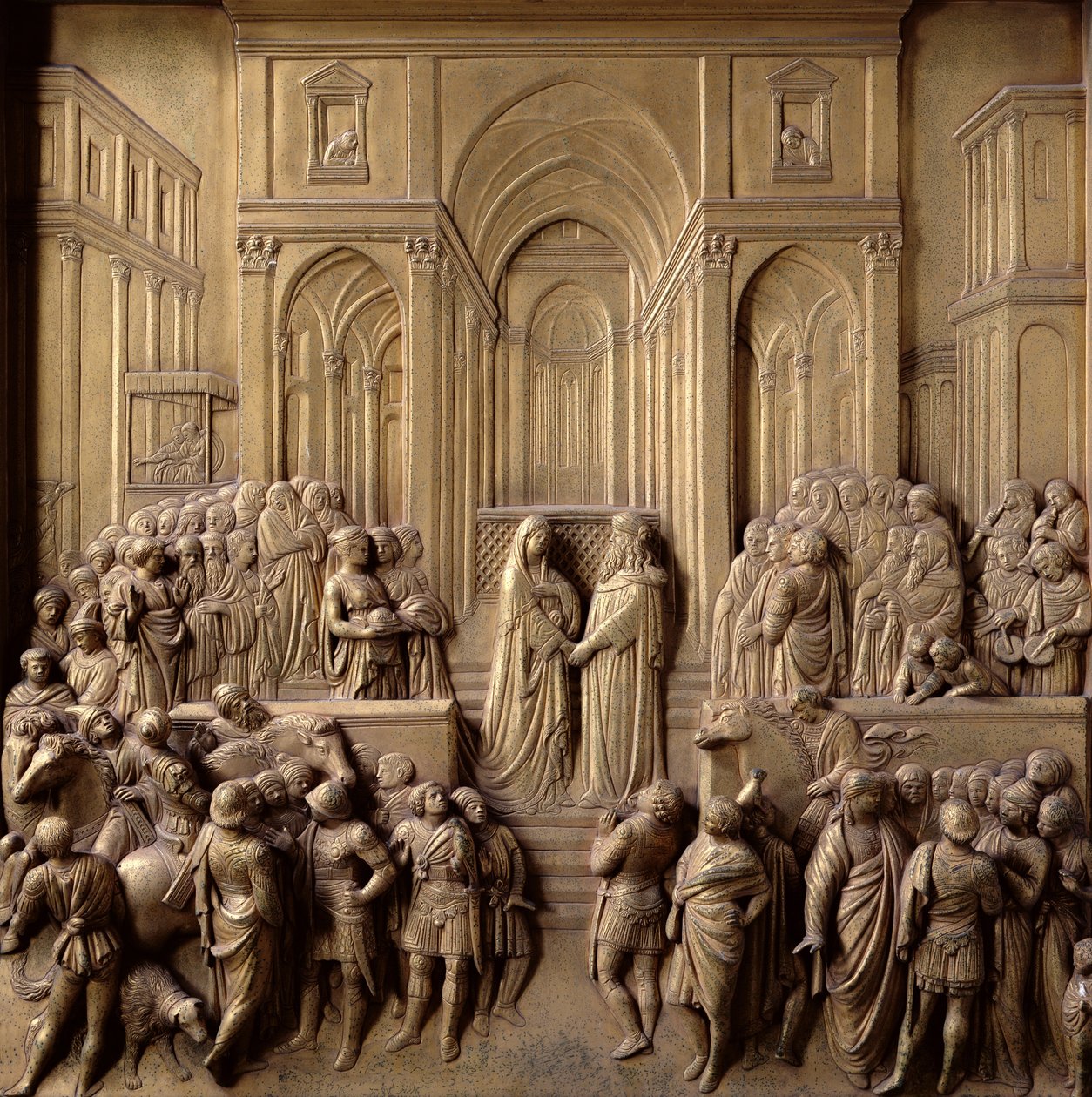 O Encontro do Rei Salomão e da Rainha de Sabá, um dos dez painéis de socorro das Portas do Paraíso (portas do leste), 1425-52 (bronze dourado) (ver também 87652-60 e 87662-67) de Lorenzo Ghiberti