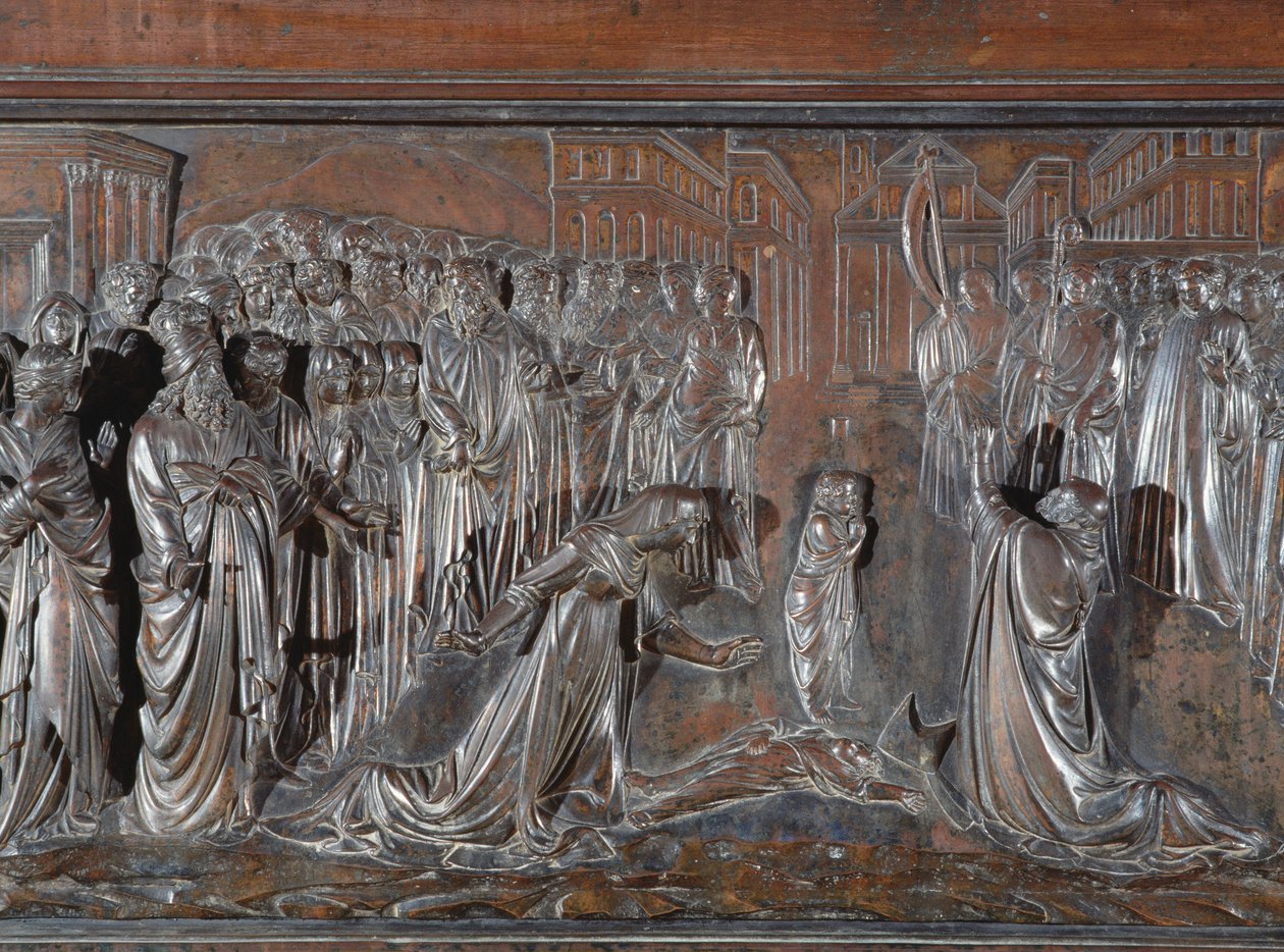 O Santuário de São Zenóbio, erguendo a criança morta, detalhe c.1432-42 bronze de 97641 de Lorenzo Ghiberti