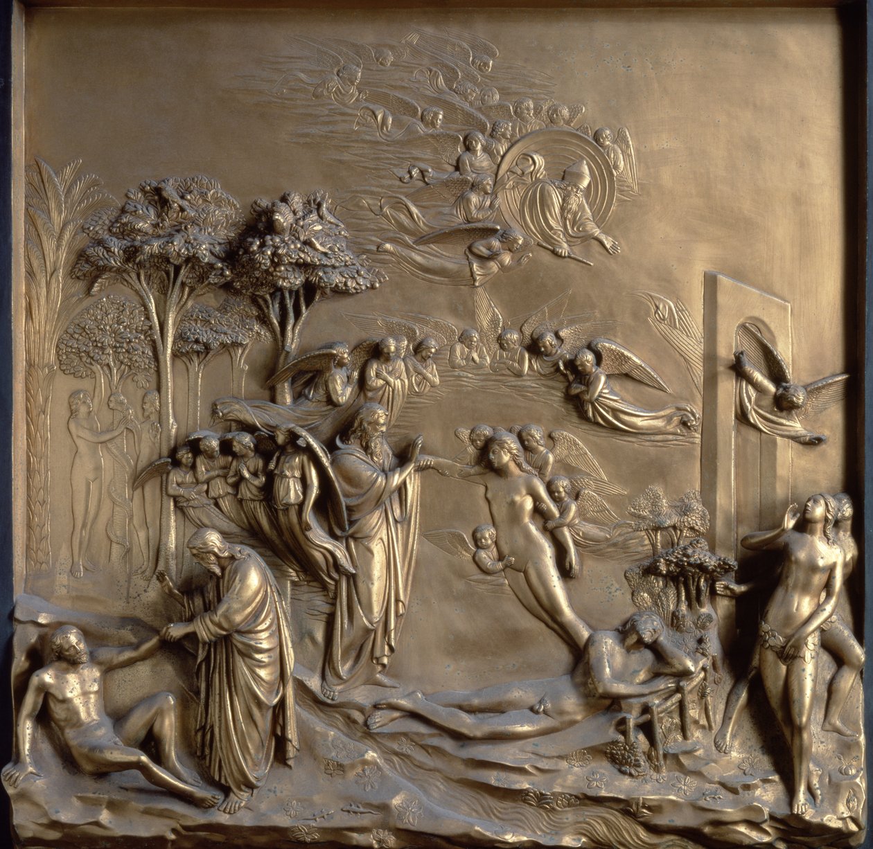 A História de Adão: a Criação de Adão e Eva, a Tentação e a Expulsão do Jardim, um dos dez painéis de relevo das Portas do Paraíso (portas do leste) por Lorenzo Ghiberti (1378-1455) 1425 de Lorenzo Ghiberti