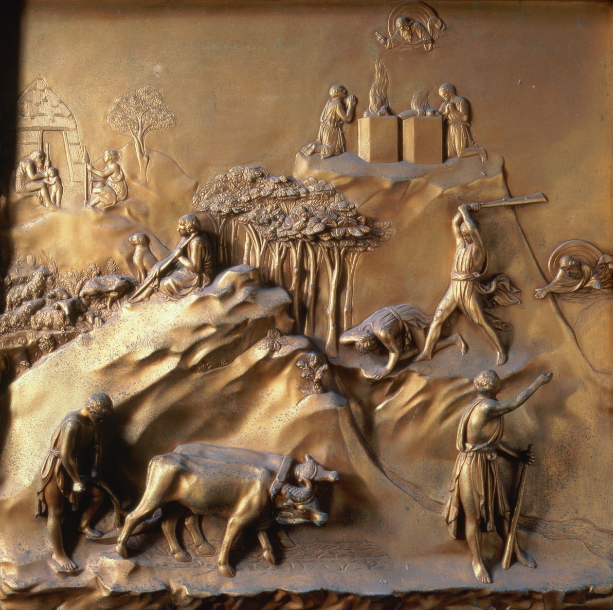 A História de Caim e Abel: O Sacrifício, O Assassinato de Abel e Deus Banindo Caim, um dos dez painéis de relevo das Portas do Paraíso (Portas do Oriente), 1425-52 (bronze dourado) (ver também 87652 e 87654-67). de Lorenzo Ghiberti